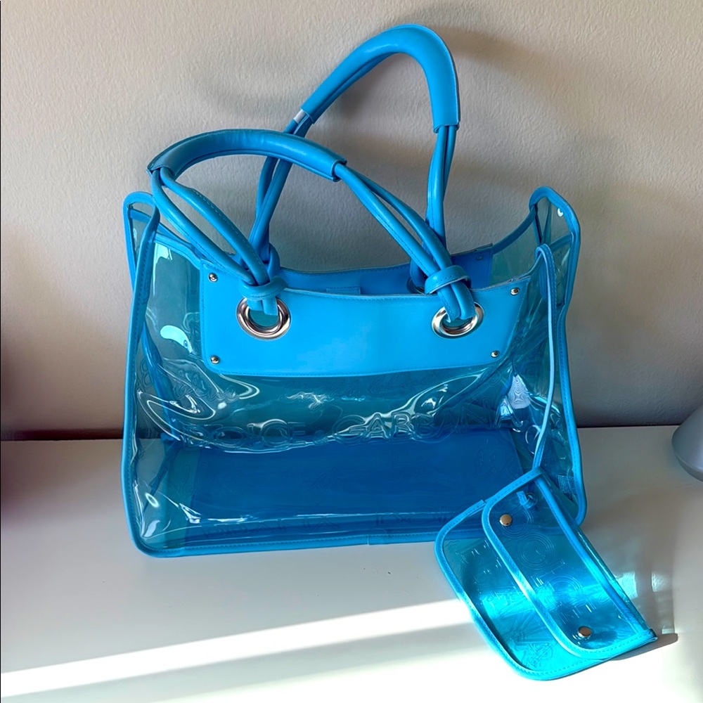 Dolce & Gabbana Beach Bag, Blue Transparent Tote Bag with Silver Accents